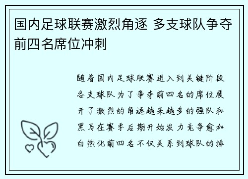 国内足球联赛激烈角逐 多支球队争夺前四名席位冲刺