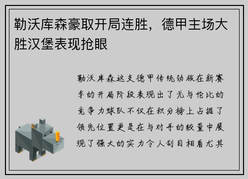 勒沃库森豪取开局连胜，德甲主场大胜汉堡表现抢眼