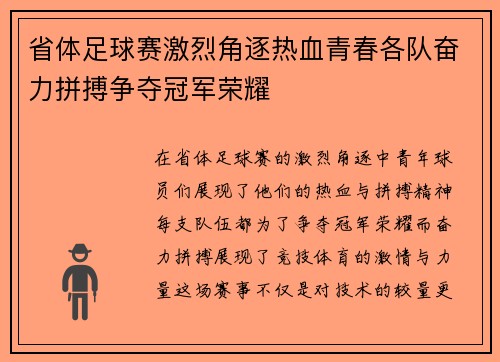 省体足球赛激烈角逐热血青春各队奋力拼搏争夺冠军荣耀