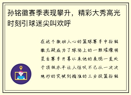 孙铭徽赛季表现攀升，精彩大秀高光时刻引球迷尖叫欢呼