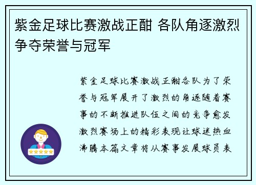 紫金足球比赛激战正酣 各队角逐激烈争夺荣誉与冠军