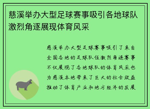 慈溪举办大型足球赛事吸引各地球队激烈角逐展现体育风采