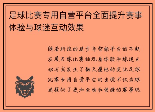 足球比赛专用自营平台全面提升赛事体验与球迷互动效果